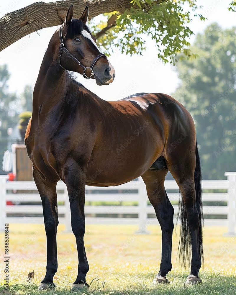 Purebred horse standing under a tree, seeking comfort from the heat, Serene Summer Shade