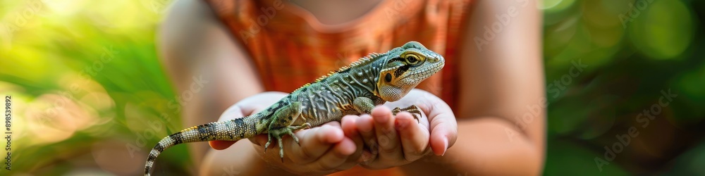 Obraz premium close-up of a child holding a lizard. Selective focus