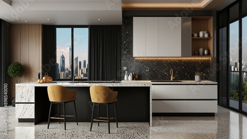 Modern style luxury interior with city view 3d render, There are terrazzo floor decorated wall with hidden light