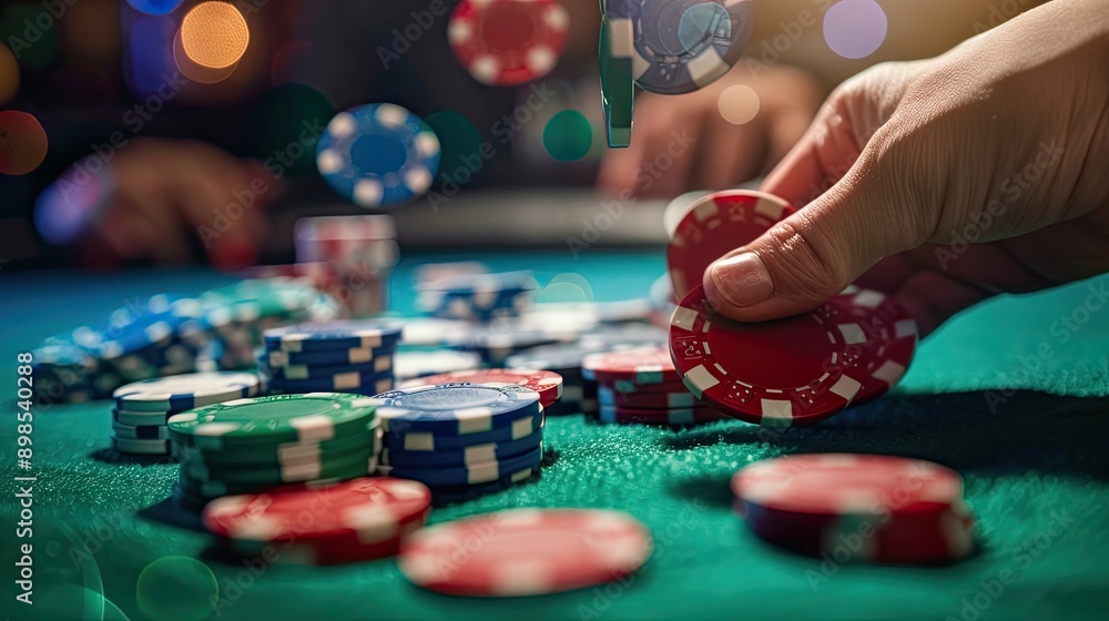close up of a hand holding poker chips. Selective focus close up of a hand holding poker chips. Selective focus