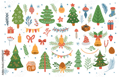 Big christmas set of elements for design. Set with Christmas tree, gifts, garlands stars, twigs and leaves. Cute elements in Memphis boho style. Vector Hand drawing in Scandinavian style.