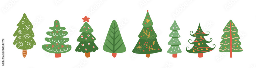 Big christmas set of elements for design. Set with Christmas trees. Cute elements in Memphis boho style. Vector Hand drawing in Scandinavian style.