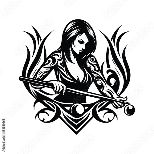 Billiards, Snooker  female player in ethnic tribal pattern illustration, emblem shield badge