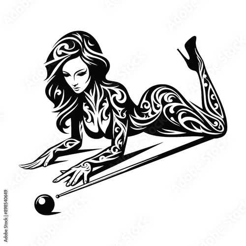 Billiards, Snooker  female player in ethnic tribal pattern illustration, emblem shield badge