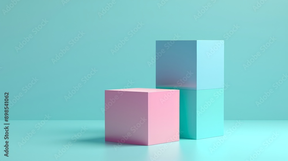 Minimalist pastel pink and blue cubes forming a podium on turquoise background Minimalist pastel pink and blue cubes forming a podium on turquoise background
