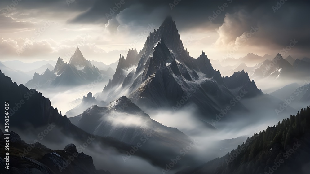 Obraz premium Scenic view of mountains with sun shining through clouds