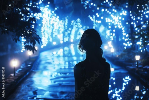 Silhouette of Young Woman Gazing at Blue Lights - Nighttime Ambiance Romance Concept © Skyfe