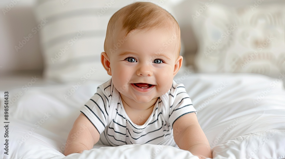 A baby boy, wearing a striped onesie, smiles and looks at the camera while lying on a white bed A baby boy, wearing a striped onesie, smiles and looks at the camera while lying on a white bed