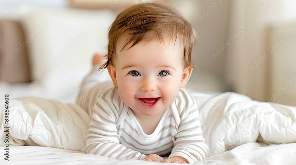 A baby boy, wearing a striped onesie, smiles and looks at the camera while lying on a white bed A baby boy, wearing a striped onesie, smiles and looks at the camera while lying on a white bed