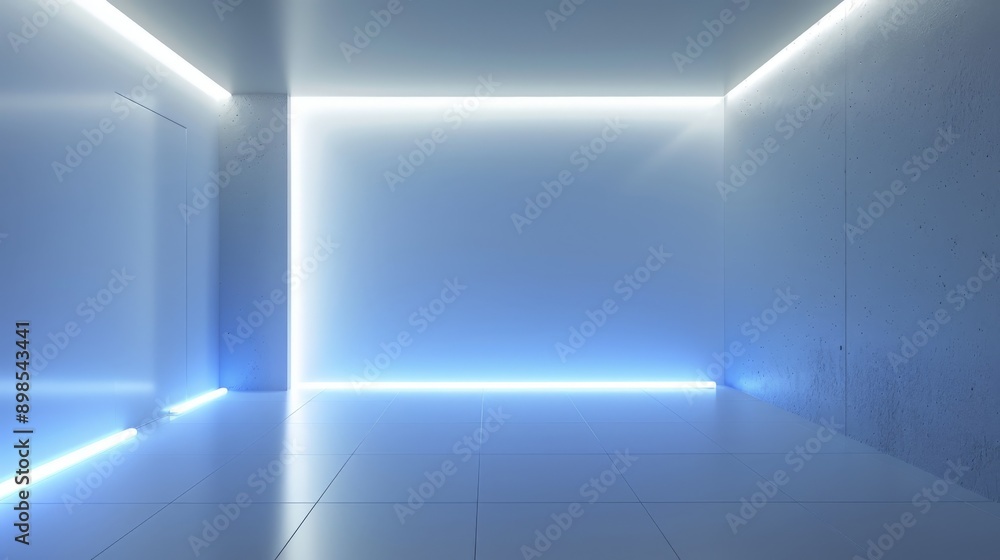 Empty room with blue neon lights reflecting on floor Empty room with blue neon lights reflecting on floor