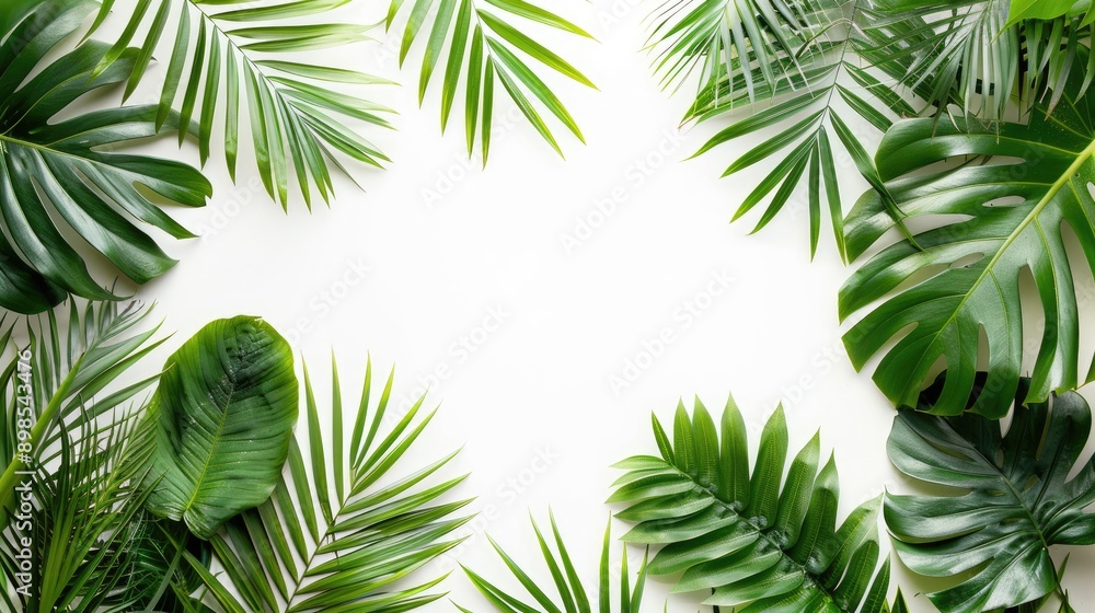 Top view of tropical palm leaves on a white background with copy space. Top view of tropical palm leaves on a white background with copy space.