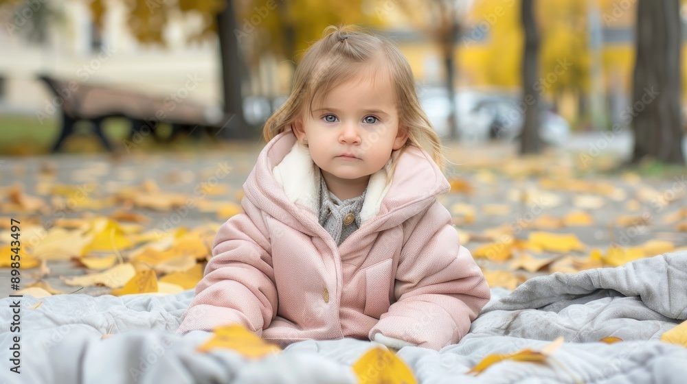 A baby girl in a pink dress with a white headband sits on a patterned blanket surrounded by autumn leaves. She is smiling and looking directly at the camera A baby girl in a pink dress with a white headband sits on a patterned blanket surrounded by autumn leaves. She is smiling and looking directly at the camera
