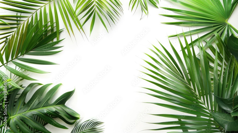 Tropical palm leaves arranged on a white background, offering copy space. Tropical palm leaves arranged on a white background, offering copy space.