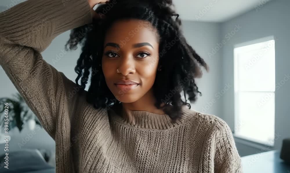 Portrait of a Brazilian woman in her 20s in a minimalist or empty room background wearing a cozy sweater Portrait of a Brazilian woman in her 20s in a minimalist or empty room background wearing a cozy sweater