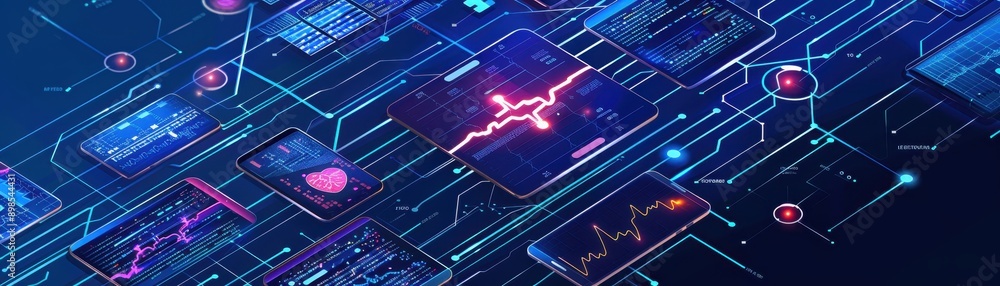 Abstract digital network interface with glowing circuit design, representing data flow and cybersecurity in futuristic technology. Abstract digital network interface with glowing circuit design, representing data flow and cybersecurity in futuristic technology.