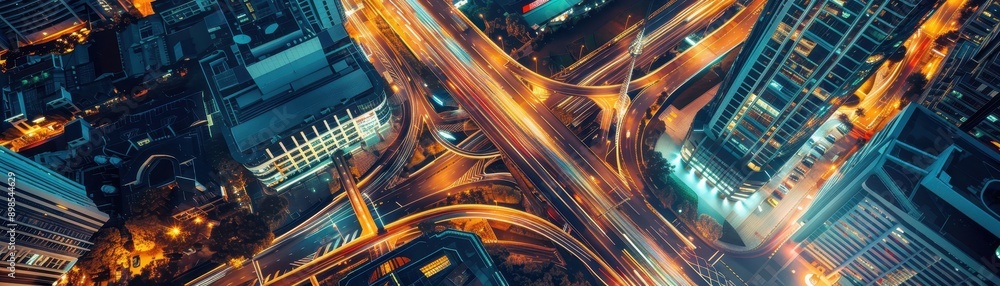 Aerial view of a busy highway interchange at night with vibrant city lights and urban infrastructure. Aerial view of a busy highway interchange at night with vibrant city lights and urban infrastructure.