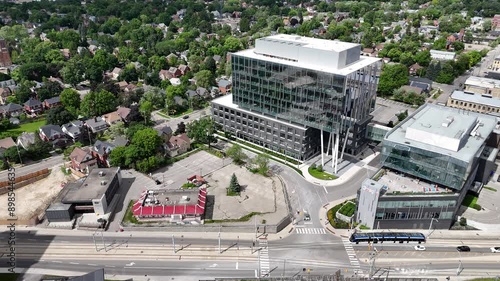 Aerial footage of Mike & Ophelia Lazaridis Quantum-Nano Centre (QNC) in Waterloo, Ontario, Canada photo