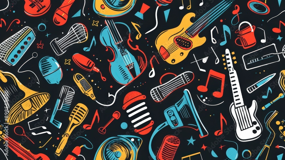 A pattern featuring colorful cartoon illustrations of various musical instruments and microphones on a black background A pattern featuring colorful cartoon illustrations of various musical instruments and microphones on a black background