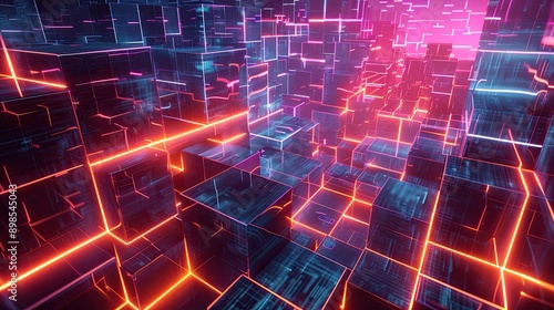 Wallpaper Mural Visualization of a digital grid with glowing cubes in a metaverse theme. Torontodigital.ca