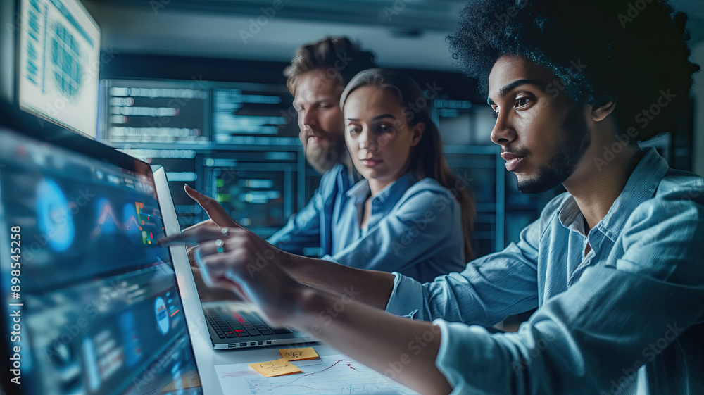 Fototapeta premium Collaboration of two creative young female and male engineers as they use a laptop computer to analyze and discuss the development of artificial intelligence software.