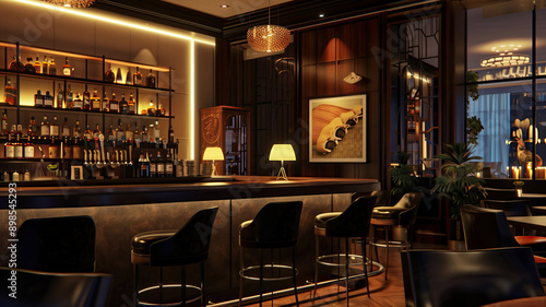 Interior of a cozy modern restaurant with a stylish bar counter and warm lamp lighting.