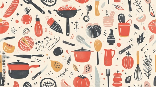 A hand-drawn illustration of various kitchen utensils and food items in a colorful and playful pattern