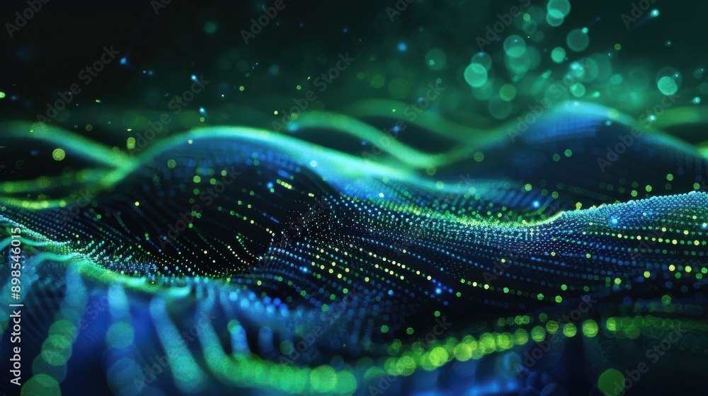 Abstract digital landscape with flowing waves of neon green and blue dots symbolizing data or technology. Futuristic and vibrant background. Abstract digital landscape with flowing waves of neon green and blue dots symbolizing data or technology. Futuristic and vibrant background.