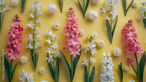 Group of Pink and White Flowers Against Yellow Wall