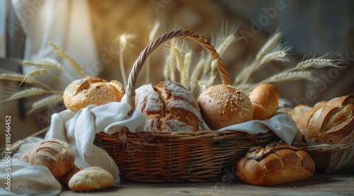 Freshly Baked Bread In A Wicker Basket With Wheat Stalks
