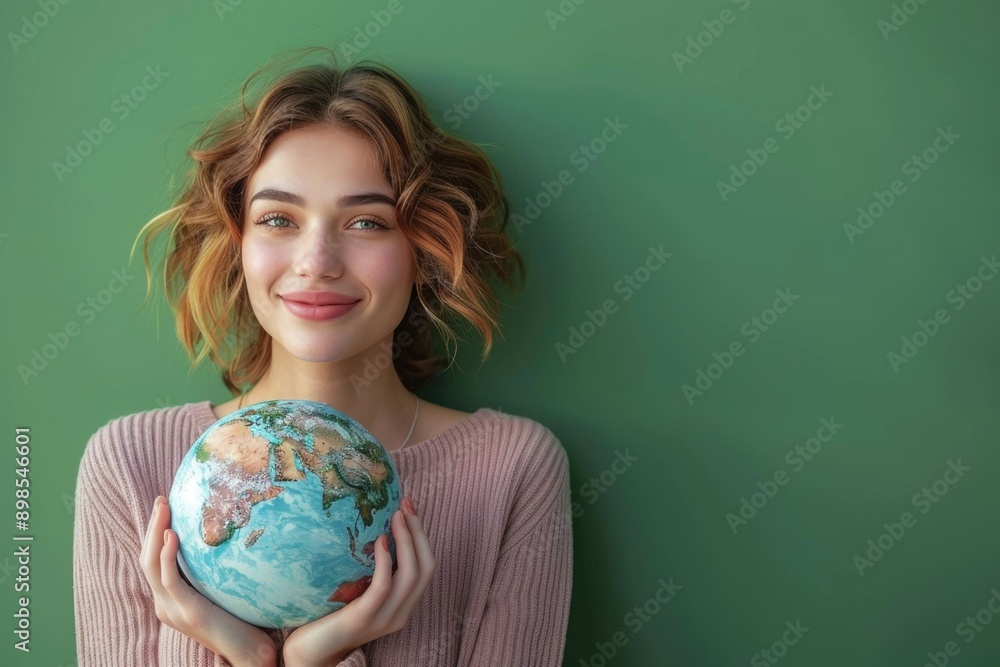Woman holding globe in her hands on nature green background Woman holding globe in her hands on nature green background