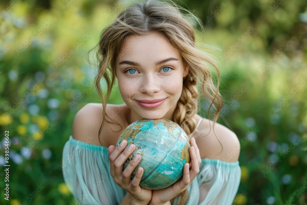 Woman holding globe in her hands on nature green background Woman holding globe in her hands on nature green background