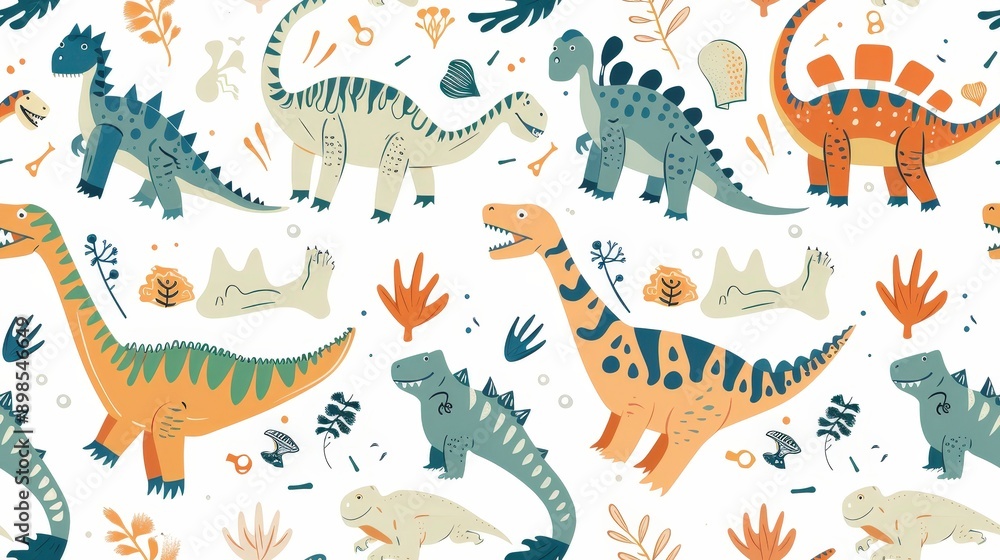 Obraz premium A seamless pattern featuring cartoon dinosaurs in various colors, including orange, blue, and green. They are surrounded by simple illustrations of plants and fossils on a white background