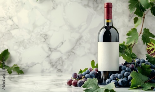 Bottle of Wine and Grapes on Marble Table