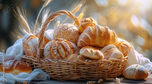 Freshly Baked Bread In A Wicker Basket With Wheat Stalks