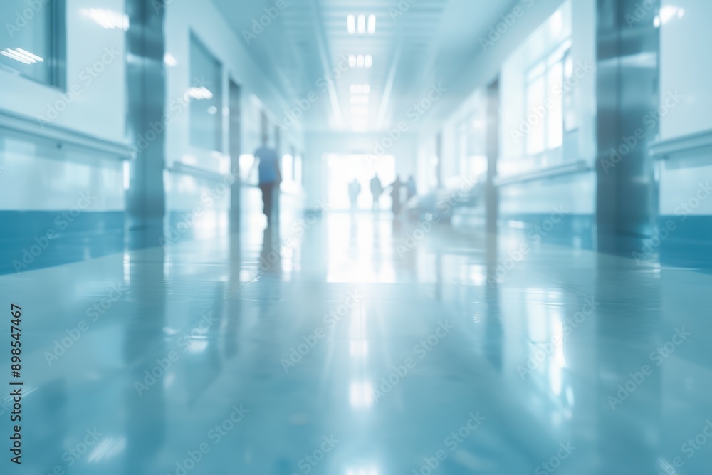 Blurred background of a hospital corridor with people and medical equipment in a light blue color tone for a health care concept Generative AI Blurred background of a hospital corridor with people and medical equipment in a light blue color tone for a health care concept Generative AI