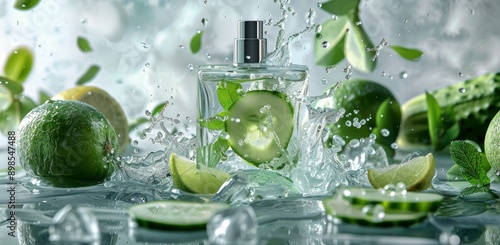 Cucumber And Lime Scented Perfume Bottle In Water Splash