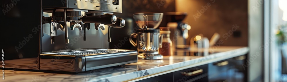 Modern kitchen interior with an espresso machine and coffee cup on a marble countertop. Warm lighting adds a cozy ambiance. Modern kitchen interior with an espresso machine and coffee cup on a marble countertop. Warm lighting adds a cozy ambiance.