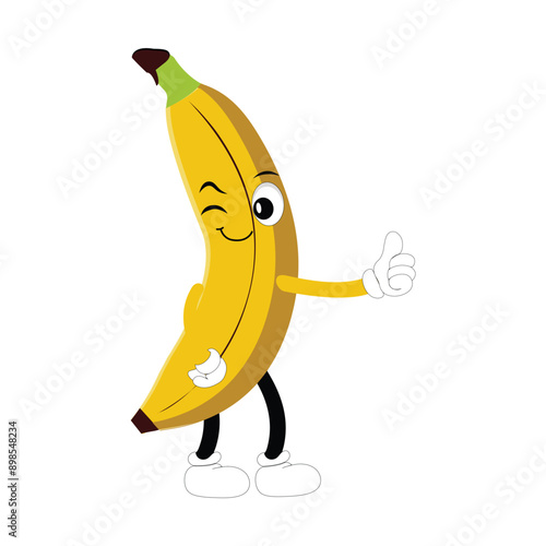 Banana mascot cartoon character, fruit cartoon character emoticon Cartoon happy banana mascot character waving hand. Mood booster fruit illustration of walking banana