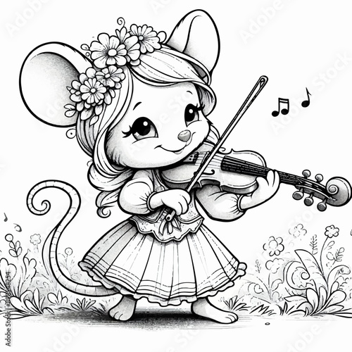 cute mouse plays the violin musical  coloring page
