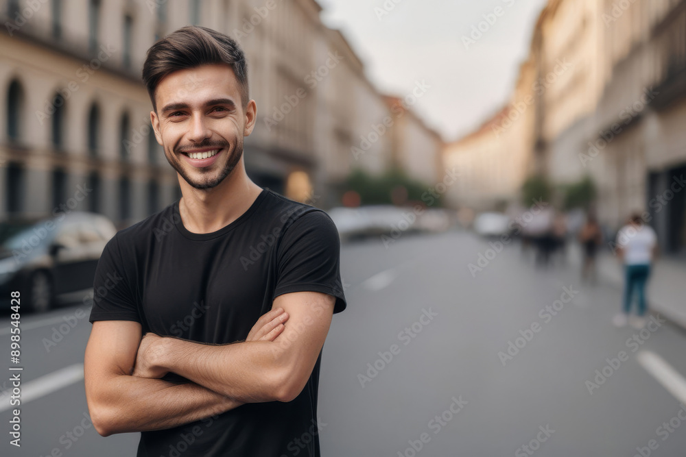 portrait of a smiling man wearing blank white t-shirt mockup on blurred morning city background portrait of a smiling man wearing blank white t-shirt mockup on blurred morning city background