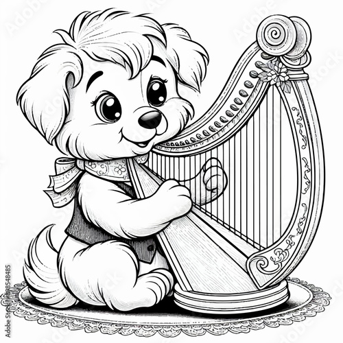 puppy plays the harp musical  coloring page