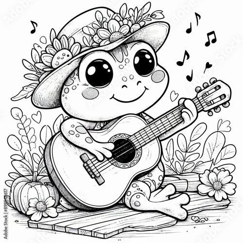 frog in a hat plays the guitar musical  coloring page