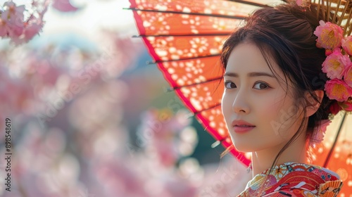 Woman in Kimono With Red Umbrella