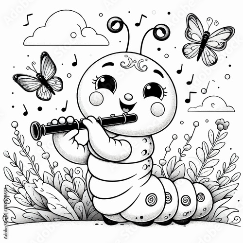 caterpillar plays a dark flute in nature musical  coloring page
