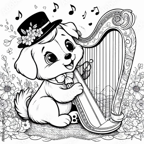 cute puppy in a hat plays the harp musical coloring page