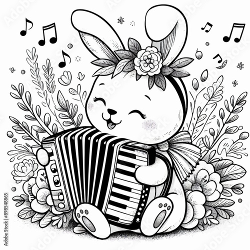 bunny is happy and plays the accordion musical coloring page