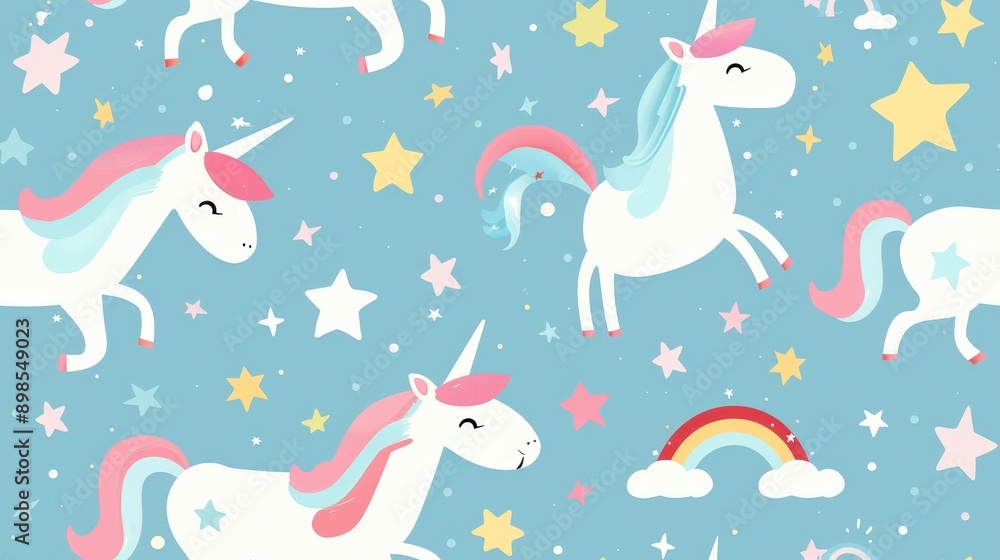 Obraz premium A whimsical pattern featuring white unicorns with pink and blue manes and tails, stars in various colors, a rainbow, and clouds on a light blue background
