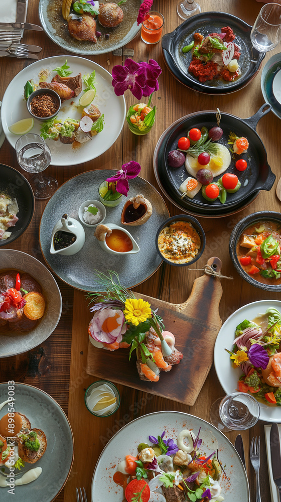 Elegant Overhead View of a Gourmet Feast: A Vibrant and Inviting Table Setting Elegant Overhead View of a Gourmet Feast: A Vibrant and Inviting Table Setting