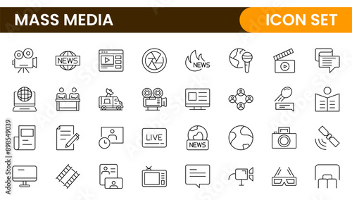Mass media outline vector icons large set isolated on white background. media business concept. Media outline icons set.