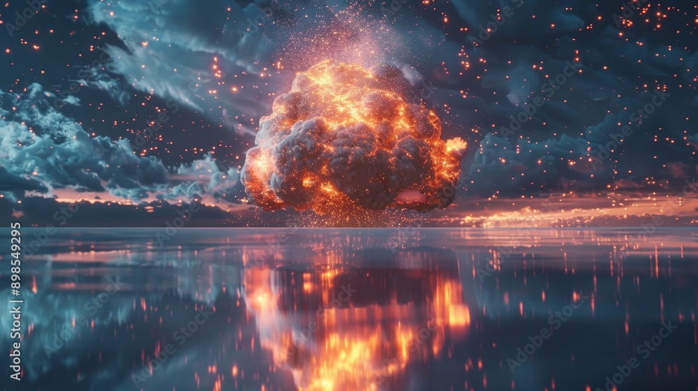 A fiery explosion erupts in the sky, sending sparks and smoke into the air, reflecting in the still water below. The image symbolizes power, destruction, rebirth, and the beauty of chaos. A fiery explosion erupts in the sky, sending sparks and smoke into the air, reflecting in the still water below. The image symbolizes power, destruction, rebirth, and the beauty of chaos.